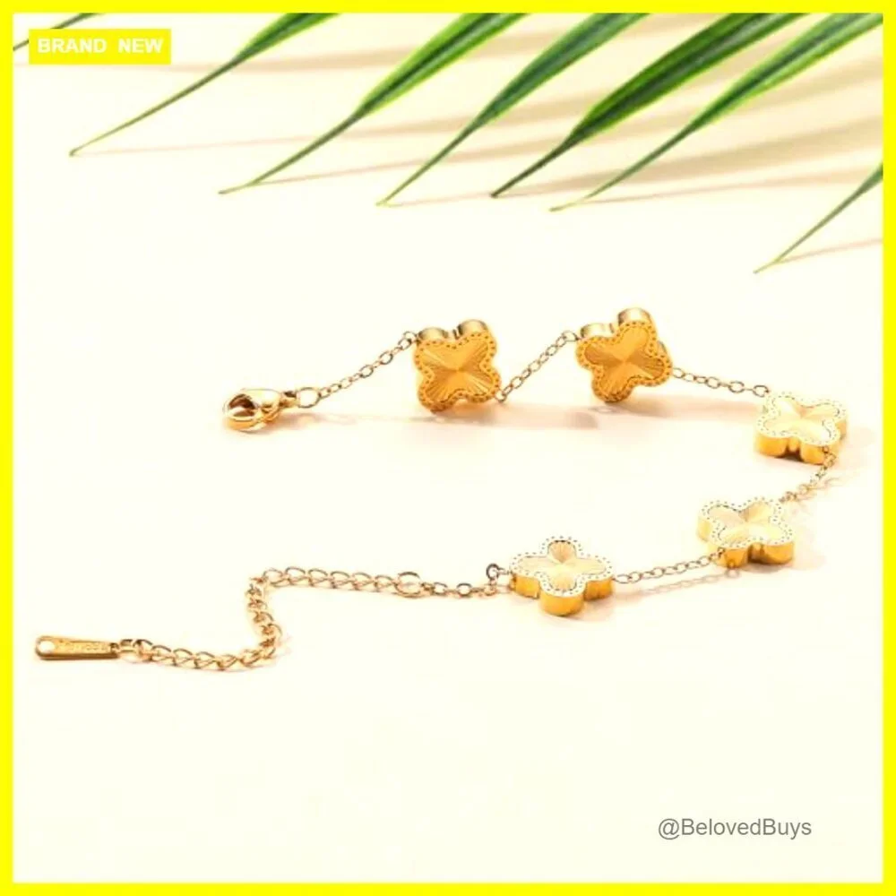 18K Gold Plated Clover Bracelet Adjustable Lucky Charm Stainless Steel